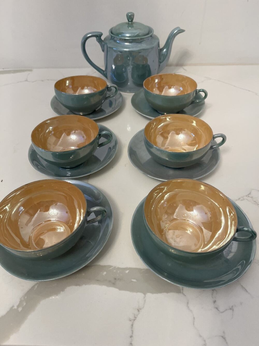 Lusterware Japan Vtg Iridescent Glaze Sea Foam Green/Caramel Tea Set 12 Pieces